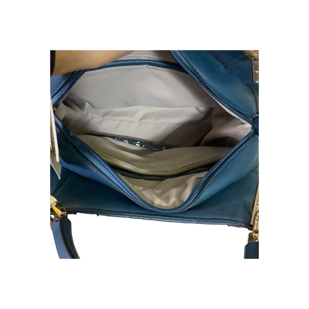 Alyssa Vegan Faux Leather Quilted Satchel Handbag Blue Gold Hardware